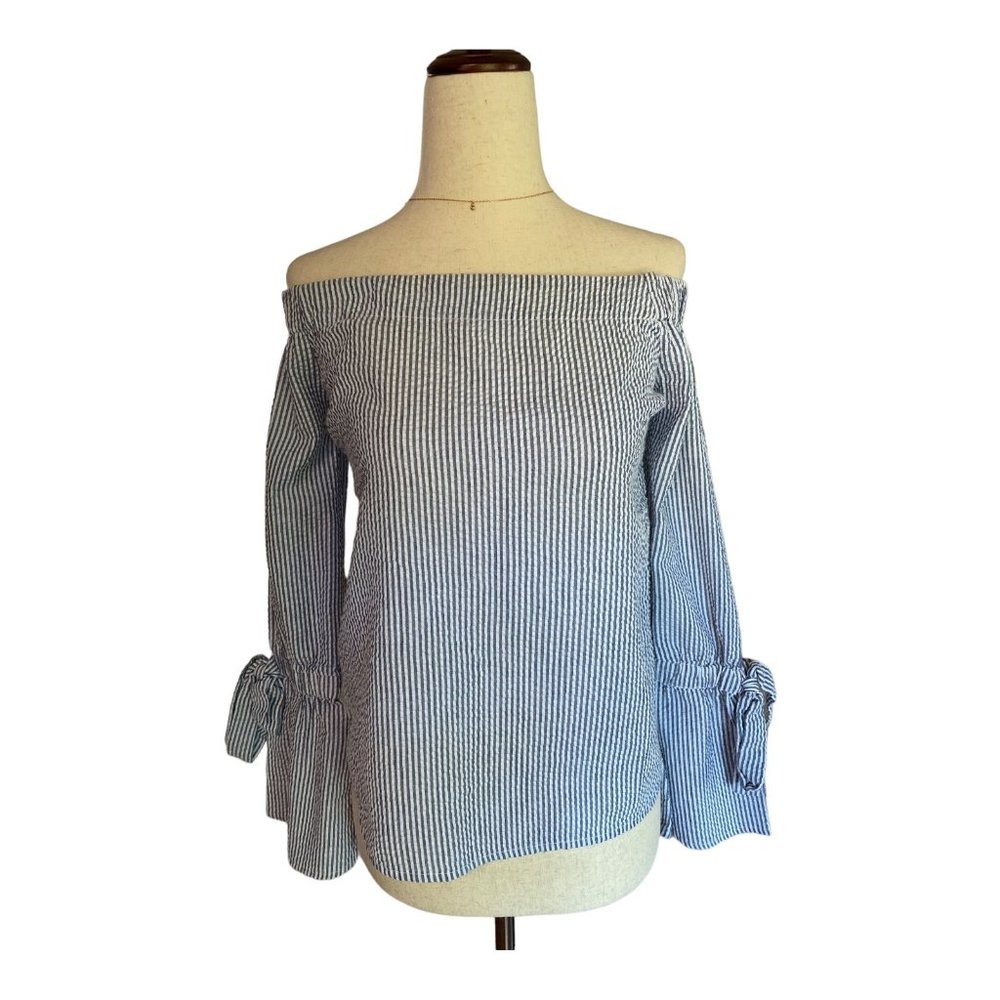 Aqua Top Women XS Striped Off the Shoulder Long‎ Sleeve with Bell Sleeve and Bow